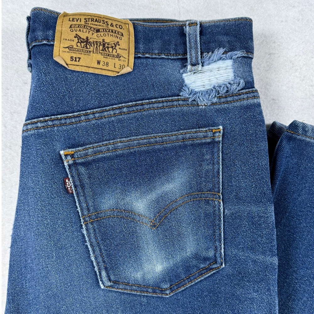 Vintage Levis 517 Orange Tab‎ Jeans Mens 38x30 Blue Bootcut USA Made Distressed